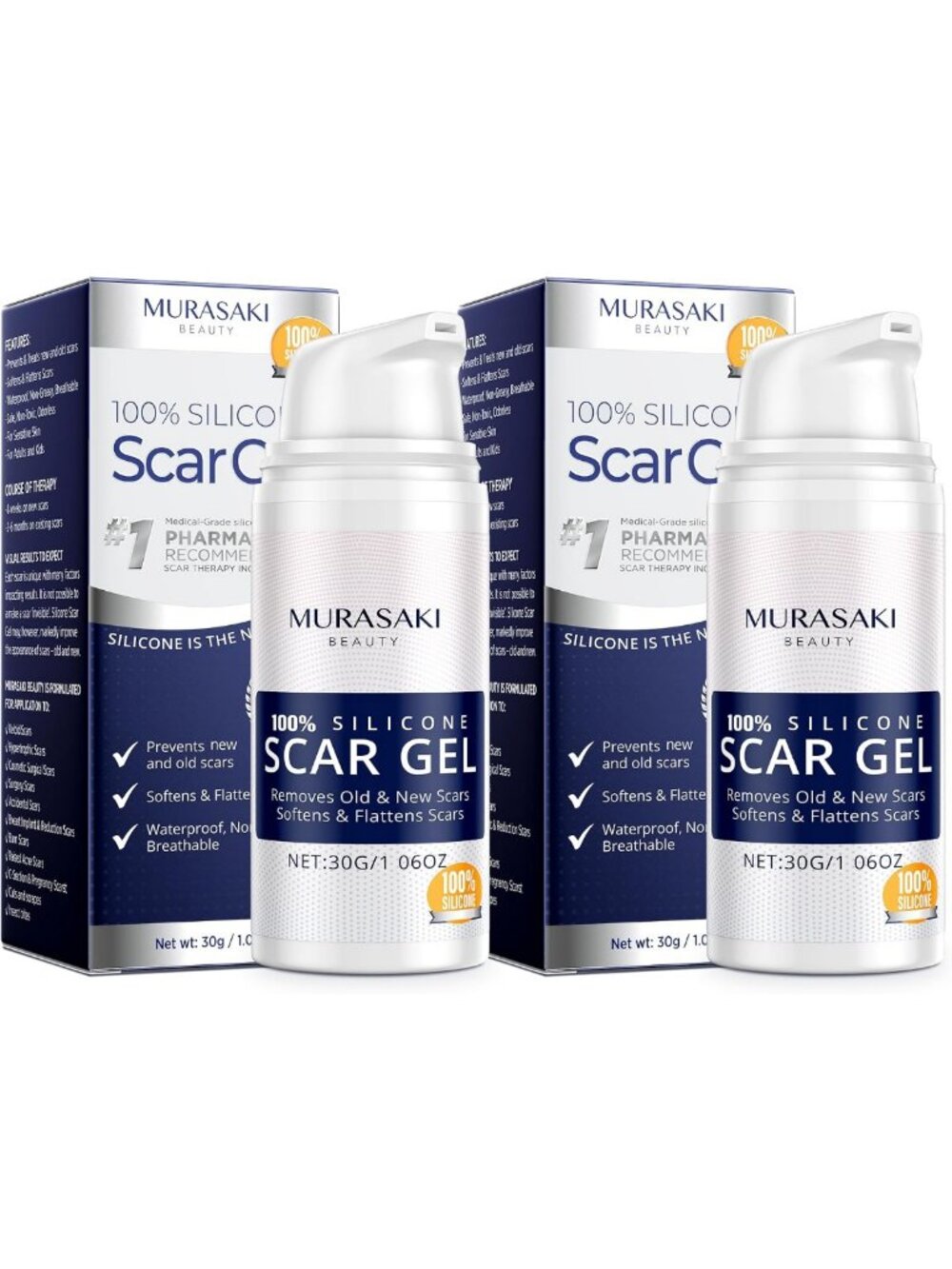 100% Silicone Scar Gel 2 Pack: 2 x 1.06oz Tubes for Surgical Scars, C-Section